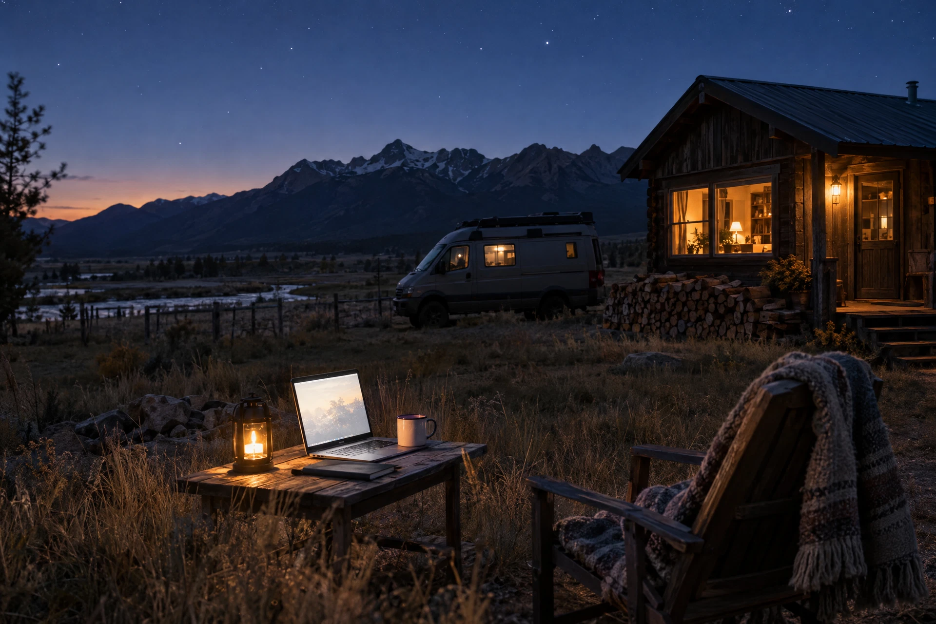 A remote rural property at twilight, with a camper van parked beside a cabin and a laptop glowing on a table outside.